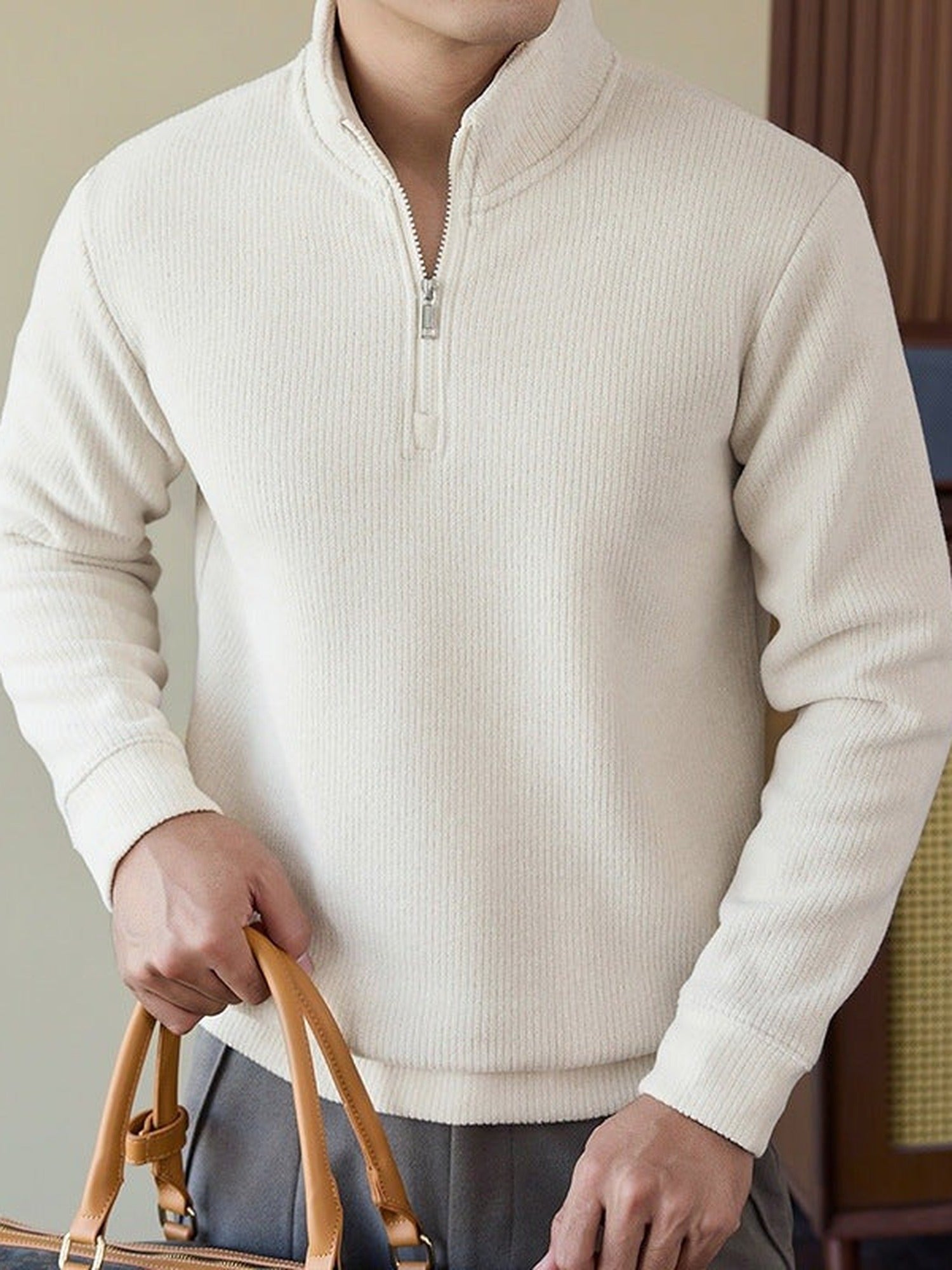 Brushed Knit Half-Zip Sweater, Stand Collar – Men – Cream – worn